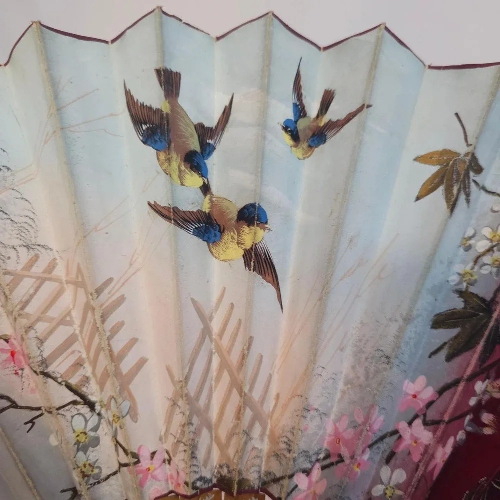 Antique Victorian Hand Painted Fan Birds Blue & Red Floral 1800s Rare Art Flower